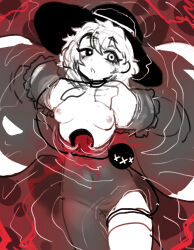 Rule 34 | 1girl, bags under eyes, black hat, bleeding, blood, breasts, cowboy shot, expressionless, eyeball, hat, hat ribbon, highres, hole in chest, hole on body, injury, komeiji koishi, limited palette, long sleeves, looking to the side, medium hair, navel, nipples, nude, nyong nyong, open mouth, ribbon, small breasts, solo, third eye, touhou, wavy hair, wide sleeves