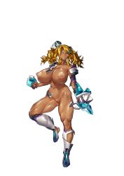 Rule 34 | 1girl, armor, blonde hair, blue eyes, blush, breasts, broken, broken armor, broken sword, broken weapon, censored, dark-skinned female, dark skin, dual wielding, embarrassed, feet, female focus, full body, functionally nude, game cg, groin, hair ornament, hairclip, hand up, highres, holding, holding sword, holding weapon, huge breasts, leg up, legs, long hair, maou to shugo kishi, melon22, mosaic censoring, navel, nipples, no bra, no panties, original, pussy, solo, standing, standing on one leg, sweatdrop, sword, thick thighs, thighs, transparent background, twintails, weapon