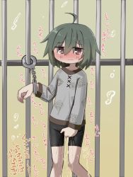 Rule 34 | 1girl, ahoge, bars, between legs, bike shorts, blush, bound, bound wrists, brown eyes, closed mouth, collarbone, cuffs, embarrassed, female focus, flat chest, gradient background, green background, green hair, grey shirt, hair between eyes, hand between legs, hand up, handcuffs, have to pee, highres, japanese text, long sleeves, looking at viewer, nose blush, original, pee, peeing, peeing self, shirt, short hair, sidelocks, solo, split mouth, standing, sweat, tawasiupa, translation request, wet, wet clothes