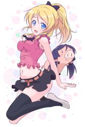 Rule 34 | 10s, 1girl, :d, animal, animalization, ayase eli, belt, black thighhighs, blonde hair, blue eyes, blush, bow, breasts, cosplay, elizabeth liones, elizabeth liones (cosplay), hair bow, hawk (nanatsu no taizai), impossible clothes, k10k, looking at viewer, love live!, love live! school idol project, midriff, name connection, nanatsu no taizai, navel, open mouth, pig, ponytail, purple hair, single thighhigh, skirt, sleeveless, smile, solo, thighhighs, tojo nozomi