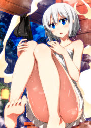 Rule 34 | 1girl, ass, bare arms, bare legs, bare shoulders, barefoot, black ribbon, blue eyes, blush, cloud, collarbone, colored eyelashes, commentary request, convenient leg, feet, feet out of frame, hair between eyes, hands up, head tilt, highres, hitodama, knees together feet apart, knees up, konpaku youmu, konpaku youmu (ghost), lantern, naked towel, night, night sky, open mouth, ribbon, sazanami mio, short hair, silver hair, sitting, sky, soles, solo, star (sky), starry sky, steam, thighs, touhou, towel, wet