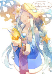Rule 34 | 1girl, a082, blue hair, bracelet, braid, cup, day, drink, drinking glass, closed eyes, flower, gem, granblue fantasy, hair flower, hair ornament, hat, jewelry, long hair, lyria (daughter of pearl) (granblue fantasy), lyria (granblue fantasy), open mouth, outdoors, own hands together, pineapple, pineapple slice, simple background, smile, speech bubble, standing, starfish hair ornament, straw hat, sun hat, twin braids, very long hair, white background, wristband