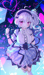 Rule 34 | 1girl, absurdres, azur lane, bad id, bad pixiv id, chromatic aberration, dido (azur lane), dido (muse) (azur lane), framed breasts, hairband, heart, highres, huge filesize, idol clothes, lolita hairband, long hair, looking at viewer, open mouth, pink eyes, pointing, pointing at self, side ponytail, solo, white hair, wine (2148 wine)