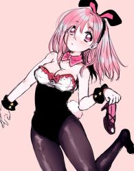 Rule 34 | 1girl, amezawa koma, animal ears, bare shoulders, blush, bow, bowtie, breasts, cleavage, fake animal ears, high heels, holding, holding shoes, long hair, looking at viewer, original, pantyhose, pink eyes, pink hair, playboy bunny, rabbit ears, rabbit tail, shoes, solo, tail, wrist cuffs