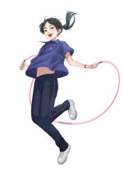 Rule 34 | 1girl, black hair, flat chest, full body, grey eyes, highres, jump rope, jumping, long hair, navel, omeno (digitalome), open mouth, original, pants, polo shirt, ponytail, shoes, sneakers, solo, sweatpants, white background