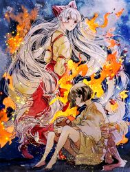 Rule 34 | 2girls, absurdly long hair, arm strap, back bow, barefoot, black eyes, black hair, bow, brown kimono, closed mouth, commentary request, expressionless, fire, fujiwara no mokou, fujiwara no mokou (young), full body, hair bow, hands in pockets, highres, hourai elixir, japanese clothes, kimono, long hair, long sleeves, looking at viewer, looking to the side, mokoiscat, multiple girls, painting (medium), pants, red bow, red eyes, red footwear, red pants, shirt, short hair, sitting, suspenders, touhou, traditional media, two-tone bow, very long hair, watercolor (medium), white bow, white hair, yellow shirt