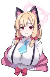 Rule 34 | 1girl, alternate breast size, animal ear headphones, animal ears, blonde hair, blue archive, blue necktie, blush, breasts, closed mouth, collared shirt, fake animal ears, halo, headphones, highres, jacket, large breasts, long sleeves, looking at viewer, momoi (blue archive), necktie, pink halo, red eyes, shirt, short hair, simple background, smug, solo, two-sided fabric, two-sided jacket, upper body, vector (dmlddmld00), white background, white shirt