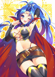 Rule 34 | 1girl, ;d, antenna hair, arm up, armpits, belt, black skirt, black thighhighs, blue eyes, blue hair, blush, breasts, bucchake (asami), cape, cleavage, clothing cutout, commentary request, cowboy shot, crop top, cross-laced clothes, cross-laced cutout, detached sleeves, facial mark, floating hair, forehead mark, hair intakes, hair ornament, hand up, highleg, large breasts, long hair, long sleeves, looking at viewer, loose belt, magical halloween, midriff, miniskirt, nail polish, navel, one eye closed, open mouth, panty straps, ponytail, purple nails, rosemary bergamot, skirt, smile, solo, stomach, thigh gap, thighhighs, very long hair, zettai ryouiki