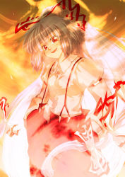 Rule 34 | 1girl, bow, buttons, collared shirt, female focus, fire, fujiwara no mokou, hair bow, hands in pockets, juliet sleeves, kiriu, long hair, long sleeves, looking at viewer, multiple hair bows, open mouth, pants, puffy long sleeves, puffy sleeves, red eyes, shirt, smile, solo, standing, suspenders, touhou, very long hair, white hair, white shirt