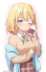Rule 34 | 1girl, alternate costume, blonde hair, blue eyes, blush, breasts, closed mouth, collared shirt, cup, cup to cheek, disposable cup, green ribbon, hair ornament, hand up, highres, holding, holding cup, hololive, hololive english, long sleeves, looking at viewer, medium breasts, moorina, neck ribbon, off shoulder, one eye closed, plaid, plaid skirt, ribbon, shirt, simple background, skirt, sleeves past wrists, solo, twitter username, upper body, virtual youtuber, watson amelia, white background, white shirt