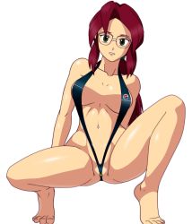 Rule 34 | 1girl, bare arms, bare legs, bare shoulders, barefoot, breasts, creatures (company), deadmoon (kein2002), elite four, game freak, glasses, green eyes, highres, large breasts, long hair, lorelei (pokemon), nintendo, pokemon, pokemon frlg, pokemon rgby, ponytail, purple hair, simple background, sleeveless, swimsuit, white background