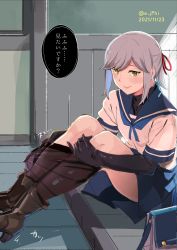 Rule 34 | 1girl, absurdres, bag, black footwear, black gloves, black pantyhose, blue sailor collar, blue skirt, blush, boots, clothes pull, commentary request, dated, doushi tatsu to dekkai no, elbow gloves, gloves, green eyes, grey hair, hair ribbon, highres, kantai collection, one-hour drawing challenge, pantyhose, pantyhose pull, parted lips, ponytail, red ribbon, ribbon, sailor collar, school uniform, serafuku, sitting, skirt, solo, speech bubble, translation request, twitter username, usugumo (kancolle)