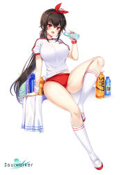 Rule 34 | 1girl, :d, absurdres, ahoge, arm support, ass, black hair, bottle, breasts, buruma, fang, full body, gym uniform, hair ribbon, highres, holding, holding bottle, invisible chair, iris yuma, kneehighs, large breasts, long hair, looking at viewer, low ponytail, maett, midriff peek, official art, open mouth, red buruma, red eyes, ribbon, see-through, shirt, shoes, short sleeves, sidelocks, sitting, smile, socks, solo, soulworker, sweat, sweatband, thighs, towel, uwabaki, very long hair, water bottle, wet, wet clothes, wet shirt, white background, white footwear, white socks, white shirt, wristband