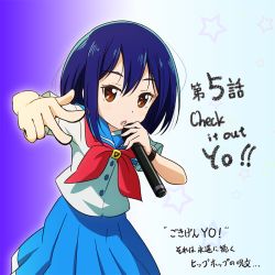 Rule 34 | 1girl, bad id, bad twitter id, blue background, blue hair, blue skirt, brown eyes, english text, episode number, flip flappers, gradient background, kokomine cocona, looking at viewer, microphone, neckerchief, pleated skirt, pun, red star (toranecomet), school uniform, serafuku, short hair, simple background, skirt, solo, star (symbol), translation request