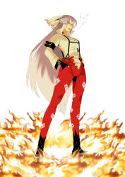 Rule 34 | 1girl, absurdres, bow, cigarette, fingerless gloves, fire, fujiwara no mokou, gloves, hair bow, hair ribbon, hands in pockets, highres, long hair, open pants, pants, popped collar, red eyes, ribbon, shirt, silver hair, simple background, smoking, solo, suspenders, touhou, unbuttoned, versapro, very long hair, white background