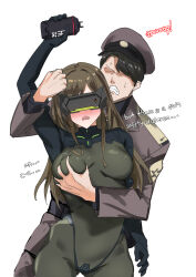 Rule 34 | 1boy, 1girl, accidental pervert, accidental touch, arm up, armor, armored gloves, blazingchaos, bodysuit, grabbing another&#039;s breast, breasts, brown hair, commander (nikke), from above, full body, goddess of victory: nikke, grabbing, grabbing from behind, green bodysuit, hand on headwear, highres, holding, holding weapon, impossible bodysuit, impossible clothes, long hair, mass-produced nikke, medium breasts, military, military uniform, shoulder armor, simple background, skin tight, standing, uniform, visor (armor), weapon, white background