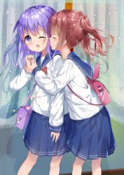 Rule 34 | 2girls, backpack, bag, blue sailor collar, blue skirt, bow, bowtie, brown hair, chestnut mouth, closed eyes, day, hair between eyes, hair ribbon, highres, holding another&#039;s wrist, long hair, long sleeves, multiple girls, one eye closed, open mouth, original, outdoors, pleated skirt, purple eyes, purple hair, red neckwear, ribbon, sailor collar, shadow, shiraki shiori, shirt, shoulder bag, skirt, tongue, tongue out, twintails, white ribbon, white shirt, yuri