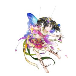 Rule 34 | 10s, 1girl, ankle lace-up, bandeau, barefoot, black hair, butterfly wings, cross-laced footwear, crown, feet, flower, flower necklace, full body, grin, hair flower, hair ornament, insect wings, jewelry, looking at viewer, love live!, love live! school idol project, multicolored clothes, multicolored skirt, multicolored wings, necklace, official art, one eye closed, petals, red eyes, ribbon, skirt, smile, solo, toes, transparent background, twintails, wavy hair, wings, wrist ribbon, yazawa nico