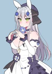 Rule 34 | 1girl, bad id, bad pixiv id, beret, black ribbon, blue background, blue choker, blue hat, blush, breasts, choker, cleavage, clming, closed mouth, detached sleeves, dress, facial mark, flower, girls&#039; frontline, green eyes, hair between eyes, hair flower, hair ornament, hair ribbon, hand up, hat, highres, hk416 (girls&#039; frontline), hk416 (herbal-flavored hard candy) (girls&#039; frontline), juliet sleeves, long hair, long sleeves, looking at viewer, medium breasts, official alternate costume, puffy sleeves, ribbon, silver hair, simple background, solo, steepled fingers, strapless, strapless dress, very long hair, white dress, white flower, white sleeves