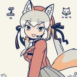 Rule 34 | 1girl, animal ears, blazer, gloves, hat, highres, inada roku, island fox (kemono friends), jacket, kemono friends, kemono friends v project, long hair, looking at viewer, necktie, open mouth, school uniform, shirt, shoes, silver hair, simple background, skirt, smile, solo, tail, twintails, virtual youtuber