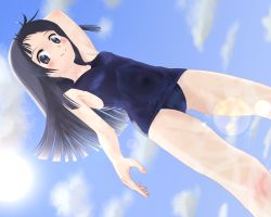 Rule 34 | 1girl, arm up, armpits, black eyes, black hair, blush, cloud, day, dutch angle, ken hf, lens flare, long hair, one-piece swimsuit, school swimsuit, sky, solo, strike witches, sun, swimsuit, world witches series, yamakawa michiko