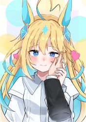 Rule 34 | 1girl, absurdres, ahoge, alternate costume, animal ears, blue eyes, blush, breasts, casual, closed mouth, commentary request, hair between eyes, hair ornament, hand on another&#039;s cheek, hand on another&#039;s face, heart, heart ahoge, highres, holding hands, horse ears, horse girl, neo universe (umamusume), ponzu purin, portrait, pov, pov hands, simple background, small breasts, solo focus, umamusume, white background