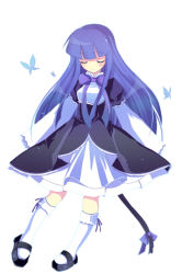 Rule 34 | 00s, 1girl, blue butterfly, blue hair, bow, bug, butterfly, closed eyes, dress, frederica bernkastel, harano, insect, kneehighs, long hair, sandals, socks, solo, tail, umineko no naku koro ni