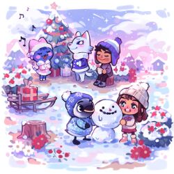 Rule 34 | 2boys, 3girls, :3, :d, animal crossing, argyle, argyle clothes, argyle sweater, beamed eighth notes, beanie, black eyes, black hair, black pants, blue hat, blue jacket, blue sweater, blush, boots, border, box, brown hair, bush, buttons, candy, candy cane, cat girl, christmas ornaments, christmas tree, closed eyes, closed mouth, cloud, coat, commentary, cup, earflap beanie, eighth note, english commentary, eyelashes, fangs, fence, floral print, flower, food, fur-trimmed boots, fur-trimmed coat, fur-trimmed jacket, fur-trimmed sleeves, fur trim, furry, furry female, furry male, gift, gift box, gradient sky, green eyes, grey footwear, grey sweater, hat, highres, holding, holding cup, house, jacket, long hair, long sleeves, looking at another, mug, multiple boys, multiple girls, music, musical note, nintendo, open mouth, outdoors, pants, penguin boy, pine tree, pink coat, pink footwear, pink hat, pom pom (clothes), pom pom beanie, purple eyes, red flower, red skirt, rosie (animal crossing), shooting star, short hair, sidelocks, singing, sitting, skirt, sky, sleigh, smile, snow, snowflake print, snowman, standing, star (sky), starry sky, sunset, sweater, teeth, tree, tree stump, u u, umino-mari, upper teeth only, villager (animal crossing), wade (animal crossing), white border, white flower, white hat, white sweater, whitney (animal crossing), winter, wolf girl