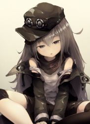 Rule 34 | arms between legs, black shorts, clothing cutout, coat, expressionless, g11 (girls&#039; frontline), girls&#039; frontline, green hat, green jacket, grey eyes, grey hair, hair between eyes, hat, highres, jacket, long hair, long sleeves, looking at viewer, messy hair, open clothes, open coat, open mouth, scarf on head, shirt, shorts, shoulder cutout, simple background, single thighhigh, sitting, solo, suginakara (user ehfp8355, thighhighs, white background, white shirt