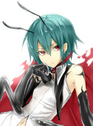 Rule 34 | 1girl, absurdres, antennae, bifrst, black gloves, cape, earrings, elbow gloves, gloves, green hair, highres, jewelry, latex, latex gloves, looking at viewer, navel, aged up, red eyes, shirt, sketch, sleeveless, sleeveless shirt, solo, touhou, wriggle nightbug