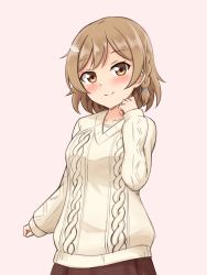 Rule 34 | 1girl, absurdres, aran sweater, blush, braid, brown eyes, brown hair, brown skirt, cable knit, commentary request, highres, long sleeves, looking at viewer, mole, mole under eye, original, shiraha maru, short hair, side braid, simple background, single braid, skirt, smile, solo, sweater, twitter username, white sweater