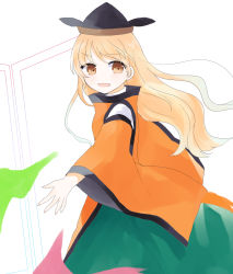 Rule 34 | 1girl, black hat, blonde hair, brown eyes, brown hat, cape, detached sleeves, door, eyes visible through hair, green skirt, hair between eyes, hat, highres, long hair, long sleeves, looking to the side, matara okina, open mouth, orange cape, orange sleeves, portal (object), shirt, simple background, skirt, smile, solo, touhou, umi (nana spring), white background, white shirt