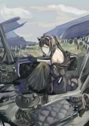 Rule 34 | 1girl, absurdres, animal ears, arknights, bare shoulders, black hair, chinese commentary, commentary request, dress, fedora, gloves, grey dress, grey footwear, grey gloves, grey hat, hat, highres, holding, holding knife, holding weapon, knife, long hair, looking at viewer, mizuhashi parusui, off shoulder, official alternate costume, outdoors, raccoon, raccoon ears, raccoon tail, robin (arknights), robin (gift of wild) (arknights), shoes, solo, tail, unworn hat, unworn headwear, weapon, yellow eyes