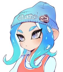 Rule 34 | 1girl, beanie, blue hair, blue hat, closed mouth, frown, hat, highres, jtveemo, long hair, nintendo, octoling, octoling girl, octoling player character, shirt, simple background, solo, splatoon (series), splatoon 2, suction cups, tentacle hair, upper body, white background, white eyes, white shirt