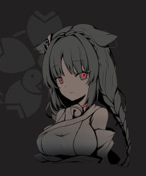 Rule 34 | 1girl, anchor hair ornament, animal ears, azur lane, bad id, bad pixiv id, bare shoulders, bell, braid, breasts, cat ears, closed mouth, commentary request, cropped torso, crown braid, cytus, cytus ii, grey background, grey hair, hair ornament, japanese clothes, jingle bell, kimono, large breasts, long hair, looking at viewer, low twintails, nagato-chan, ooshio (azur lane), red eyes, sleeveless, sleeveless kimono, solo, twin braids, twintails, white kimono