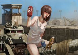Rule 34 | 1girl, :d, arm at side, artificial vagina, blurry, blush, bottle, breasts, brown eyes, brown hair, can, covered erect nipples, cowboy shot, day, depth of field, dog tags, drooling, excavator, hand up, highres, holding, jittsu, long hair, looking at viewer, medium breasts, military, military base, military vehicle, motor vehicle, naughty face, no bra, no pants, on vehicle, open mouth, original, outdoors, panties, russian text, saliva, sex toy, silhouette, sitting, sky, smile, solo focus, straddling, strap slip, tank, tank top, teeth, tenga, thighs, tongue, tongue out, translated, underwear, underwear only, watchtower, wet, white panties