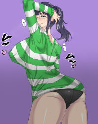 Rule 34 | 1girl, ass, back, bad id, bad pixiv id, black hair, black panties, breasts, covered erect nipples, glasses, huge breasts, large breasts, looking back, matsuri (araiyuutoo), nico robin, nipples, one piece, one piece: strong world, panties, shirt, sideboob, smile, solo, striped clothes, striped shirt, sweat, sweater, underwear