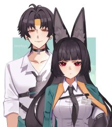 1boy 1girl absurdres animal_ears asaba_harumasa bandana black_choker black_hair black_necktie by_nearreya choker collared_shirt couple fox_ears fox_girl full_body height_difference hetero highres hoshimi_miyabi long_hair looking_at_viewer necktie red_eyes shirt short_hair simple_background smile upper_body white_background white_shirt zenless_zone_zero