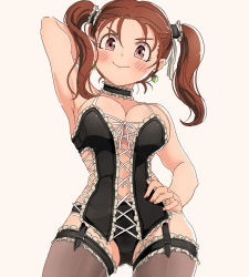 Rule 34 | 1girl, bad id, bad pixiv id, bare shoulders, black panties, blush, breasts, brown eyes, brown hair, cleavage, closed mouth, commentary request, corset, dangerous bustier (dq), dragon quest, dragon quest viii, earrings, frills, jessica albert, jewelry, large breasts, long hair, looking at viewer, miyama (kannsannn), panties, simple background, smile, solo, square enix, thighhighs, twintails, underwear, white background