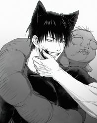 Rule 34 | 1boy, absurdres, animal ears, blood, blood on face, cat boy, cat ears, fushiguro touji, greyscale, grin, hair between eyes, hand up, highres, jujutsu kaisen, looking away, male focus, monochrome, monster, shirt, short hair, short sleeves, simple background, smile, solo, upper body, xxhane