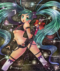 Rule 34 | 1girl, aqua eyes, aqua hair, bad id, bad pixiv id, boots, bow, braid, breasts, cherry peachcat, demon tail, detached sleeves, earrings, fishnet kneehighs, fishnets, hair bow, hair ribbon, hatsune miku, jewelry, kneehighs, long hair, microphone, microphone stand, midriff, nail polish, navel, navel piercing, necklace, necktie, open mouth, piercing, purple nails, ribbon, shorts, socks, solo, sparkle, tail, thighhighs, tongue, tongue piercing, twintails, underboob, very long hair, vocaloid