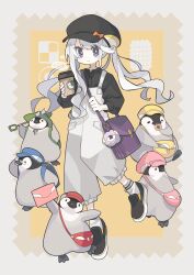 Rule 34 | 1girl, absurdres, aida (aidia), animal, backpack, bag, bird, black footwear, black hat, black shirt, bright pupils, buttons, cabbie hat, closed mouth, clothed animal, coffee cup, commentary request, commission, cookie, cup, disposable cup, envelope, food, full body, glasses, grey hair, grey overalls, grey socks, hands up, hat, highres, holding, holding cup, indie virtual youtuber, long hair, looking at viewer, overalls, penguin, pink pupils, pocket, puffy sleeves, purple bag, purple eyes, second-party source, shirt, shoes, shoulder bag, shovel, skeb commission, smile, socks, solo, steam, syukapen, thumbprint cookie, tsurime, twintails, virtual youtuber