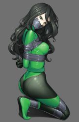 Rule 34 | 1girl, arms behind back, ass, bdsm, black bodysuit, black hair, bodysuit, bondage, bound, bound arms, breasts, duct tape, gag, gbeeee, gloves, green bodysuit, green eyes, green hair, improvised gag, kim possible (series), kneeling, large breasts, long hair, shego, solo, sweat, tape, tape bondage, tape gag