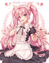 Rule 34 | 1girl, alternate costume, animal ears, apron, bad id, bad pixiv id, black ribbon, breasts, cake, cat ears, dress, enmaided, flower, food, fruit, highres, holding, holding plate, large breasts, long hair, looking at viewer, maid, original, pink hair, plate, puffy short sleeves, puffy sleeves, purple eyes, ribbon, short sleeves, solo, strawberry, ttosom, twintails, white apron