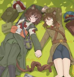 Rule 34 | 19vodnik, 2girls, :3, absurdres, animal ear fluff, animal ear headwear, animal ears, armband, belt, belt buckle, belt pouch, blue shorts, boots, brown belt, brown eyes, brown hair, brown jacket, brown pants, buckle, canteen, cat ears, cat girl, cat tail, coat, collar tabs, collared coat, collared jacket, combat helmet, cross, fake animal ears, flower, german army, germany, glasses, grass, greatcoat, grey coat, grey jacket, grey pants, hat, helmet, highres, holding hands, intertwined tails, jacket, leather, leather belt, leather boots, load bearing equipment, lying, medal, medic, military, military coat, multiple girls, nkvd, original, outdoors, pants, peaked cap, pouch, red cross, red eyes, round eyewear, sam browne belt, shadow, short hair, shorts, soldier, soviet, soviet army, stahlhelm, star (symbol), striped clothes, suspenders, tail, uniform, vertical-striped clothes, wehrmacht, white armband, world war ii, yuri