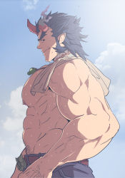Rule 34 | 1boy, abs, bara, bare pectorals, belt, blue hair, bulge, dark blue hair, demon boy, facial hair, fang, fiery horns, forked eyebrows, highres, horns, jewelry, large pectorals, long sideburns, male focus, manly, muscular, navel, navel hair, necklace, nipples, pectorals, rybiok, short hair, sideburns, solo, stubble, sweat, takemaru (housamo), thick eyebrows, thick thighs, thighs, tokyo houkago summoners, towel