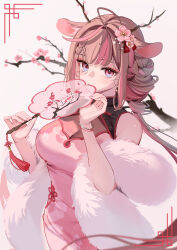 Rule 34 | 1girl, animal ears, antlers, bare shoulders, braid, breasts, brown hair, china dress, chinese clothes, chinese commentary, cleavage, closed mouth, commentary request, cowboy shot, deer antlers, deer ears, deer girl, dress, exitus, flower, flower-shaped pupils, flower facial mark, fur scarf, gradient eyes, hand fan, hands up, highres, holding, holding fan, horns, kannazuki lubee, large breasts, long hair, looking at viewer, multicolored eyes, multicolored hair, pink dress, pink eyes, pink flower, pink hair, ruiuncle, see-through, see-through cleavage, side braid, solid oval eyes, streaked hair, symbol-shaped pupils, tassel, virtual youtuber