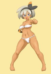 Rule 34 | 1girl, abs, bare arms, bare shoulders, bea (pokemon), bikini, black hairband, breasts, cameltoe, cleavage, cleft of venus, creatures (company), dark-skinned female, dark skin, female focus, fundoshi, game freak, gloves, grey eyes, gym leader, hair between eyes, hairband, highres, japanese clothes, large breasts, looking at viewer, navel, nintendo, pokemon, pokemon swsh, short hair, silver hair, simple background, single glove, solo, strapless, strapless bikini, swimsuit, tof, underwear, white background