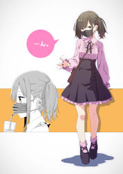 Rule 34 | akakage red, bendy straw, black footwear, black hair, black skirt, blue eyes, blush, bobby socks, breasts, center frills, collared shirt, commentary request, cup, disposable cup, drinking, drinking straw, frilled shirt collar, frilled skirt, frills, hair ornament, hairclip, highres, long sleeves, looking at viewer, mask, mouth mask, multiple views, nail polish, original, pink legwear, pink shirt, platform footwear, pleated skirt, puffy long sleeves, puffy sleeves, shadow, shirt, shoes, skirt, sleeves past wrists, small breasts, socks, standing, translation request, twintails