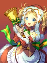 Rule 34 | 1girl, bell, blonde hair, blue eyes, bow, detached sleeves, dress, fire emblem, fire emblem awakening, fire emblem heroes, fur trim, handbell, hat, jurge, lissa (fire emblem), lissa (winter) (fire emblem), nintendo, open mouth, pom pom (clothes), red hat, ribbon, santa hat, simple background, solo, twintails